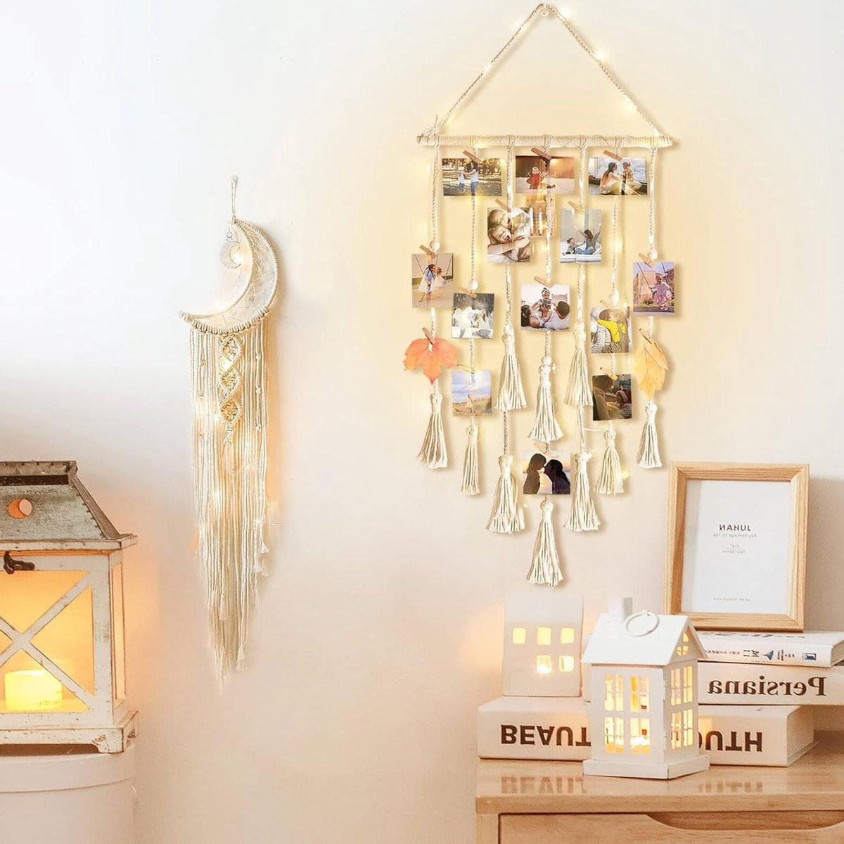 Handgemaakte Macrame Dromenvanger Foto Display in Ivoorkleurig voor Wanddecoratie