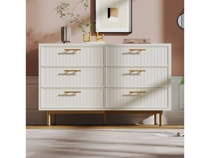 Kommode 6 Schubladen Weiß, Schubladenkommode Sideboard H75/B120/T40 cm Highboard für Schlafzimmer Wohnzimmer, Rippenoptik Goldgriffe Metallfuß