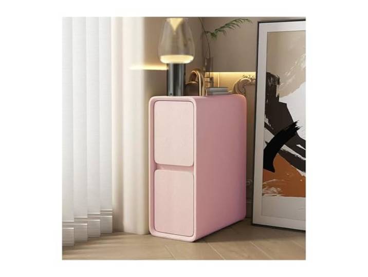 xiuling4568 Nachttisch, ultraschmaler Nachttisch aus Holz, rosa Kunstleder-Finish, Wohnzimmer-/Schlafzimmer-Beistelltisch mit 2 Schubladen, platzsparend, Nicht zusammengebaut(L20xD40xH50cm)