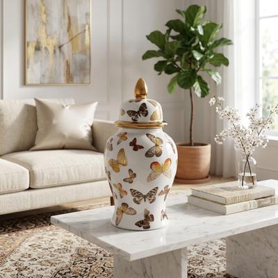 Sagebrook Home Ceramic Decorative Temple Jar with Lid and Metallic Butterfly Motif