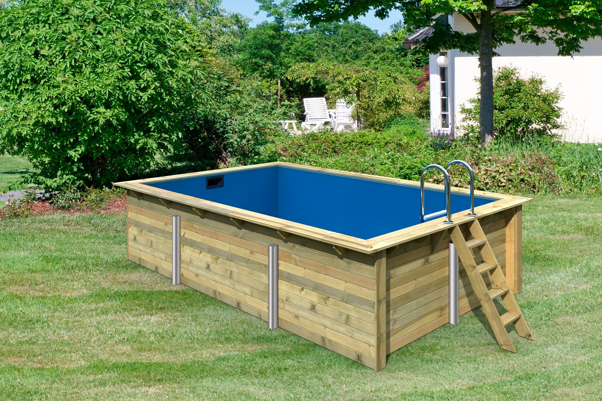 Rechteckpool KARIBU "Malta BxLxH: 530x353x124cm", blau (braun), B:530cm H:124cm L:353cm, Schwimmbecken, 44 mm starke kesseldruckimprägnierte Holzbohlen aus Fichtenholz