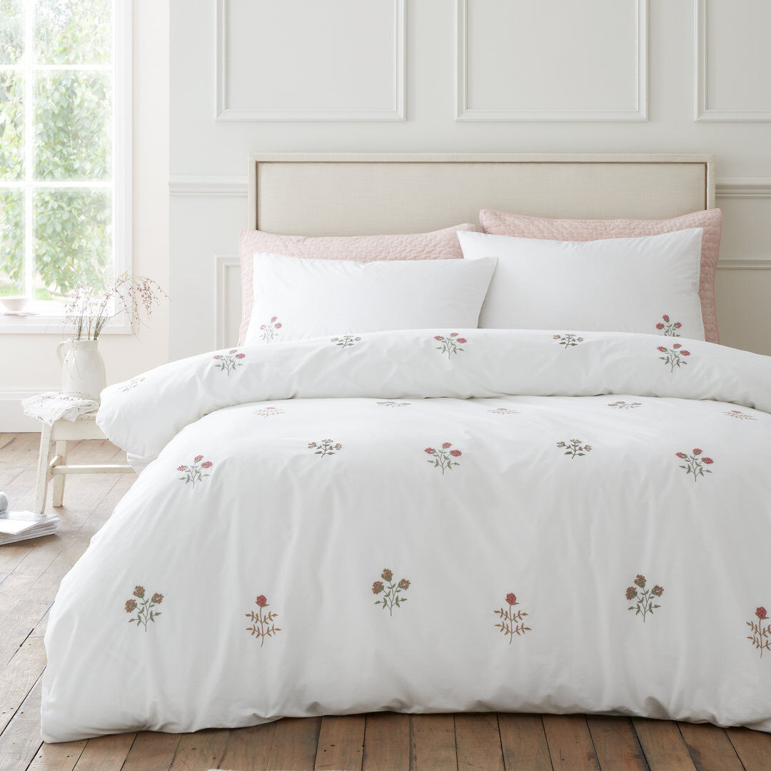 Bianca Cotton Adeline Floral Embroidered 200 Thread Count Cotton Duvet Cover Set White King Size Bed (230 x 220 cm)