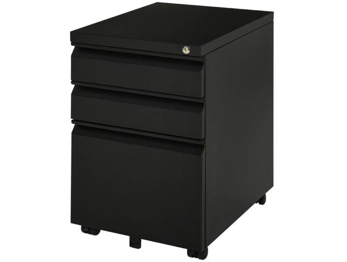 Armoire Mobile Bureau 3 Tiroirs Roulettes - Poignée Concave - Acier Noir - Meuble de Rangement Professionnel et Domicile