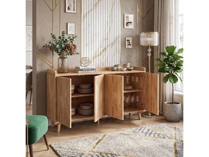 Enfilade Buffet 140x40x84cm 4 Portes Grand Rangement Design Géométrique Effet Chêne Étagères Réglables Push-to-Open