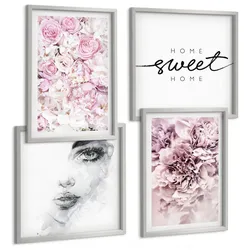 BILDER SET 4er Set - 50x50 cm & 40x60 cm Silberner Rahmen - Pfingstrosenporträt einer Frau zu Hause