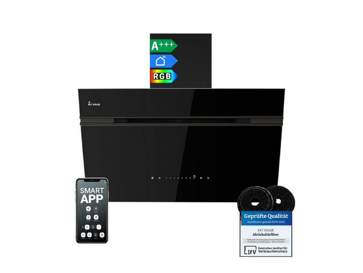 KKT KOLBE Wandhaube Dunstabzugshaube 80cm AURORA8005FB RGBW Ambientebeleuchtung Kopffreihaube / Umluft / Abluft / Smarte WiFi-App / Schwarz / Glas