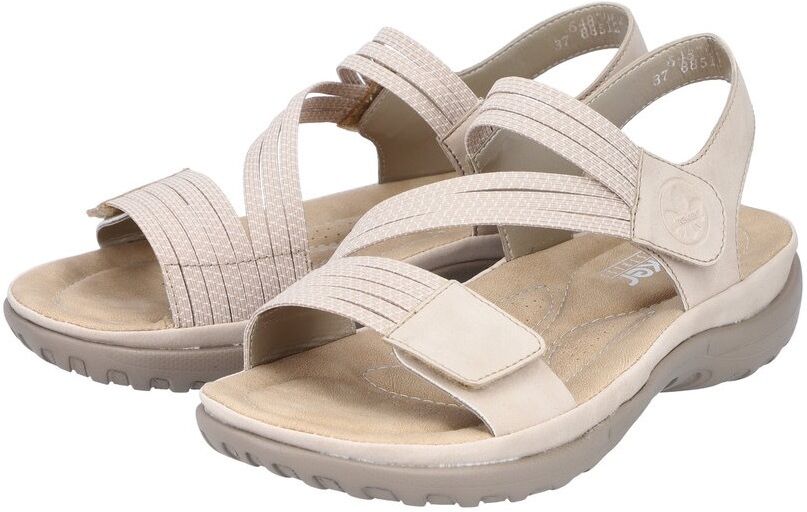 Riemchensandale RIEKER, Damen, Gr. 42, Synthetik, beige, Nubuklederimitat, Schuhe Riemchensandale, Sommerschuh, Sandalette, Keilabsatz, mit Gummizügen beige 42, Synthetik