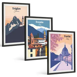BILDER SET 3er Set - 40x60 cm Schwarzer Rahmen - Retro-Illustrationen zur Bergarchitektur