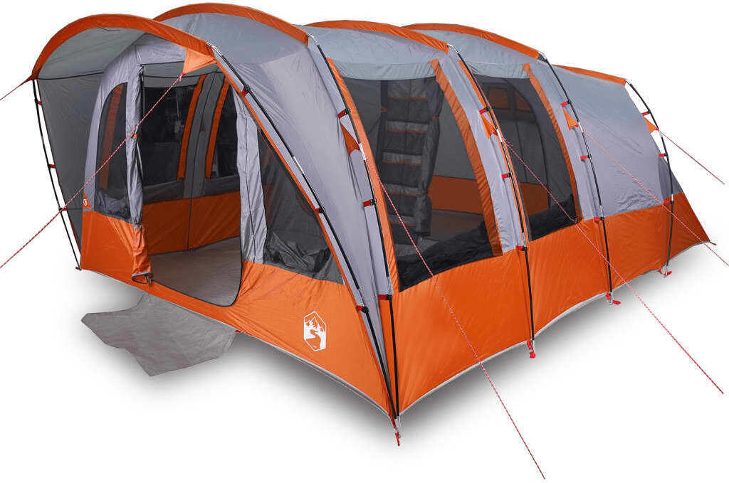 Tunnel-Familienzelt, Campingzelt für 8 Personen, 185T Polyester mit PolyurethanBeschichtung, wasserabweisend, 3 Schlafkabinen, 7 Fenster, Grau, 430x314x183 cm