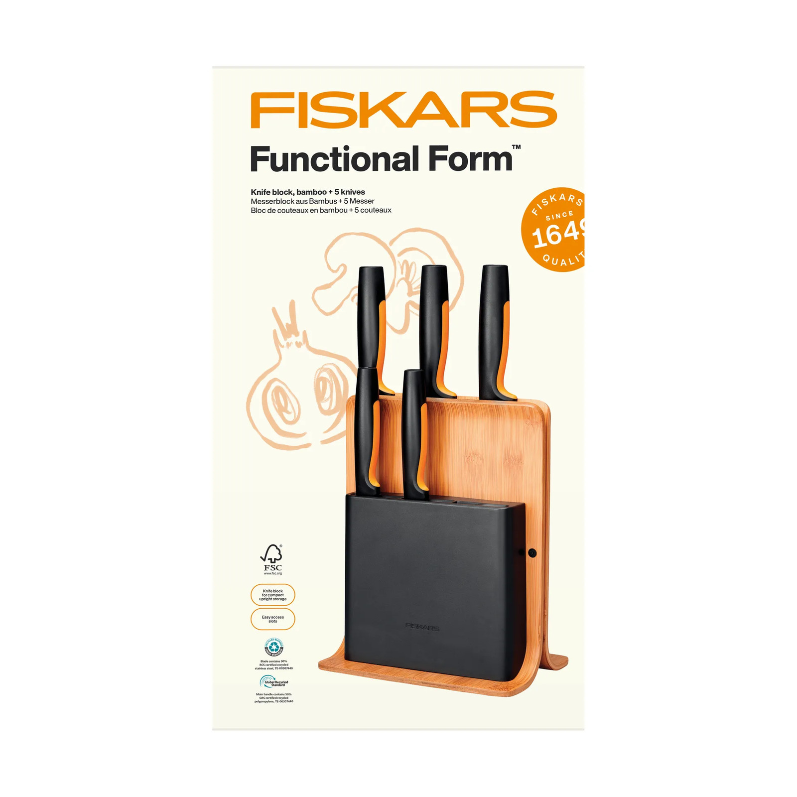 Fiskars Functional Form messenset met bamboe messenblok, 6 delig