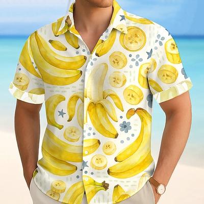 Herren Frucht Tropisch Banane Sommer Hawaiihemd Knopfhemd Alohahemd Kurzarm Hawaiianisch Urlaub Strandbekleidung Sommer Frühling Umlegekragen 3D-Druck Hemden mit Kragen Gelb Grün