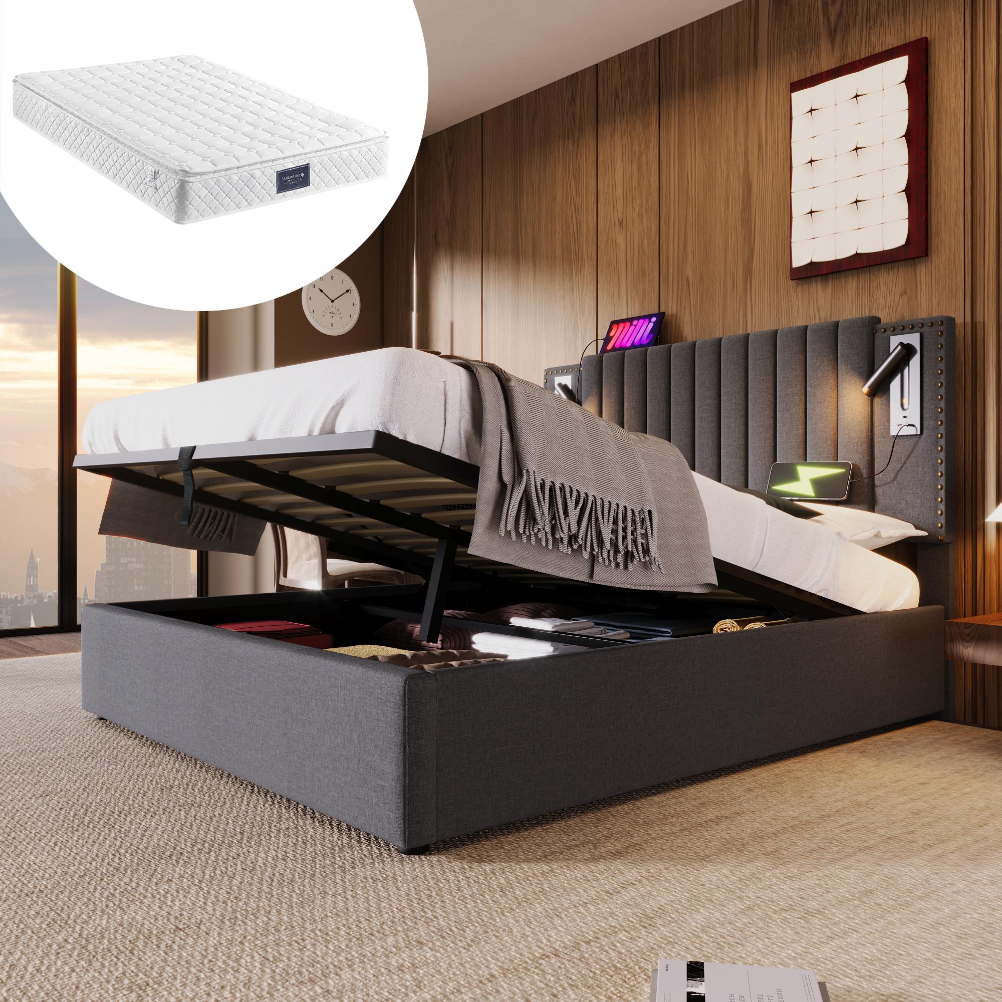 Polsterbett 160x200,Doppelbett Stauraum Bettkasten ,Leselicht mit USB Ladefunktion Kopfteil,Rückenlehne mit Nietendesign