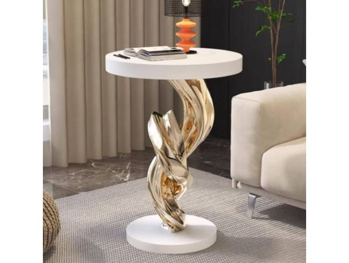 Moderner Runder Beistelltisch Vergoldetes Harz Spirale Wohnzimmer Deko Künstlerischer Beistelltisch mit goldener Spirale und weißer Platte für Sofa Bett Flur(A)