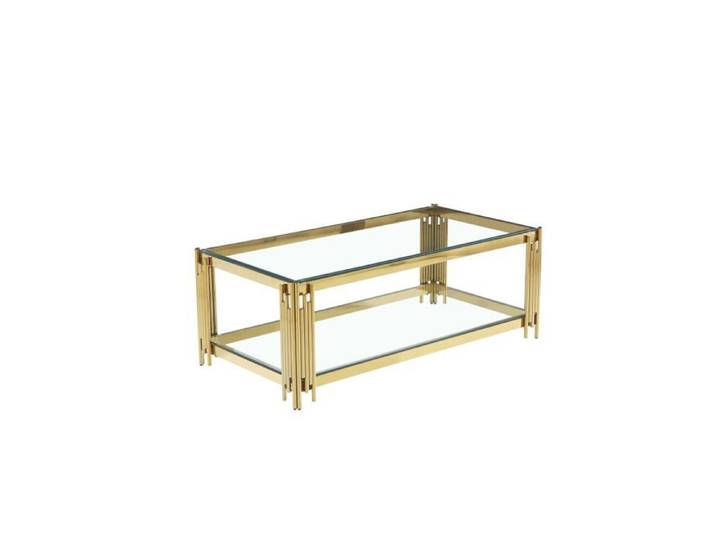 Table Basse FLUTE Rectangle Double Plateau Verre Trempé Transparent Structure Gold 120x60x45cm