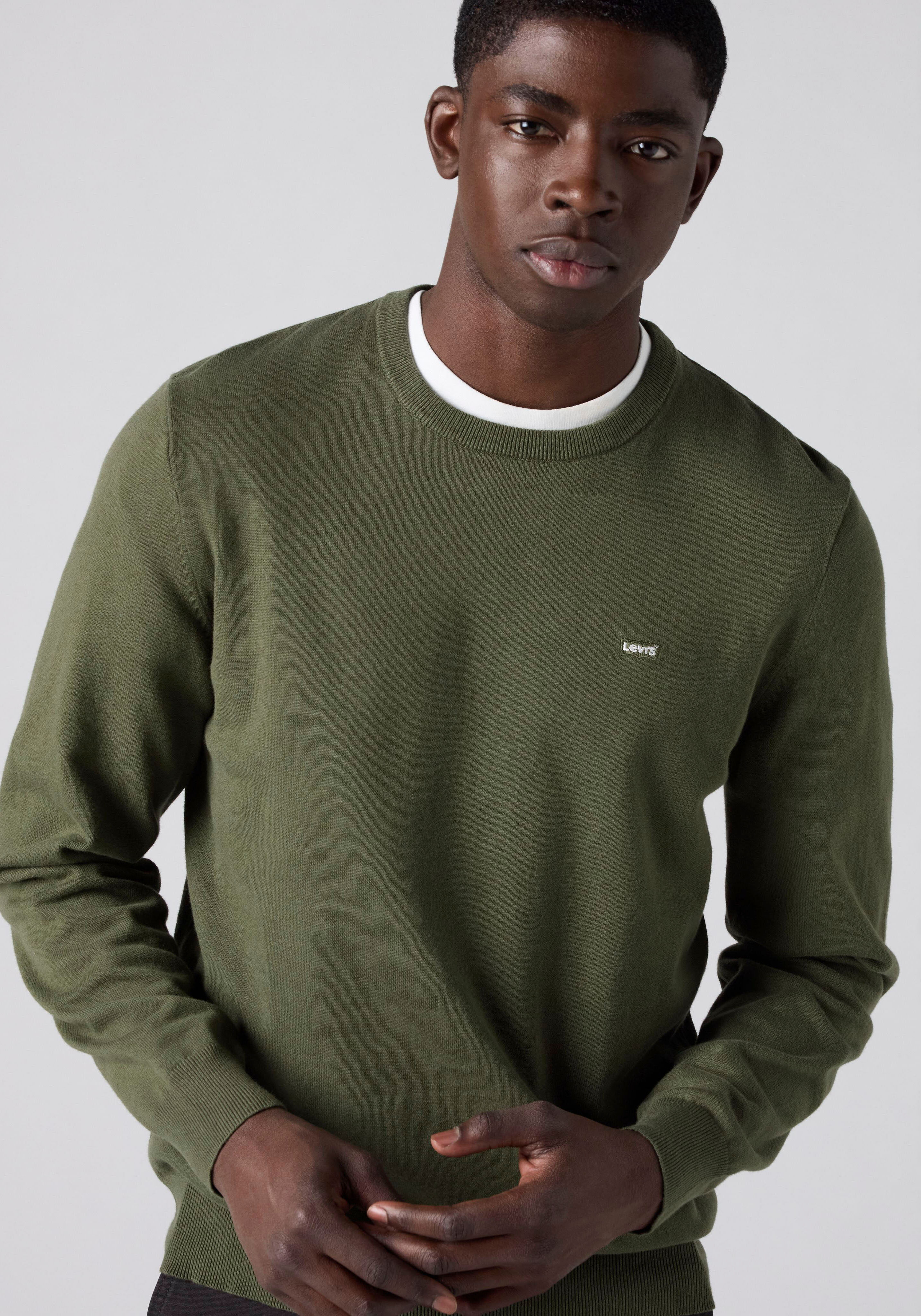 Rundhalspullover LEVI'S "LIGHTWEIGHT HM SWEATER", Herren, Gr. XL, grün (deep depths), Strick, Obermaterial: 100% Baumwolle, regular fit normal, Rundhals, angesetztes Bündchen, Pullover Rundhalspullover, Feingerippte Abschlüsse