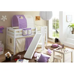 TiCAA Hochbett mit Rutsche Podestbett "Tino" Buche Weiß Classic, teilbar mit Farbauswahl