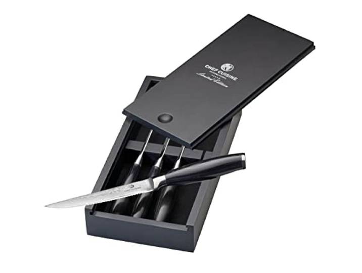 Chef Cuisine Damast Steakmesser Set mit Pakkaholzgriff – 4 handgeschliffene Steakmesser aus 67-lagigem Damaszenerstahl mit Aufbewahrungsbox, 12 Zentimeter Klinge, 54-56 HRC-Klingenhärte, rostfrei