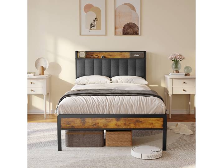 Lit rembourré BEALIFE 120x220 cm Structure en métal\, tête de lit rembourrée Gris foncé BF25