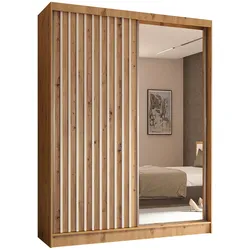 KLEIDERSCHRANK mit Spiegel-Schiebetüren und Aluminium-Leisten, LED-Beleuchtung - LAMELO - 160 cm Artisan+Artisan+Weiß