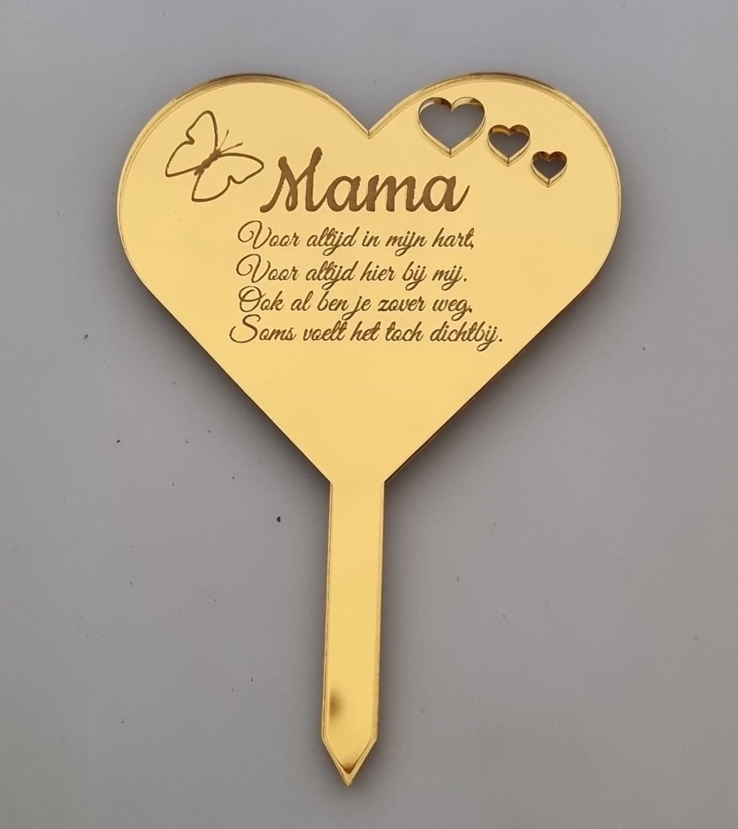 Gepersonaliseerde hartvormige grafsteker in goud acrylaat voor bloemen
