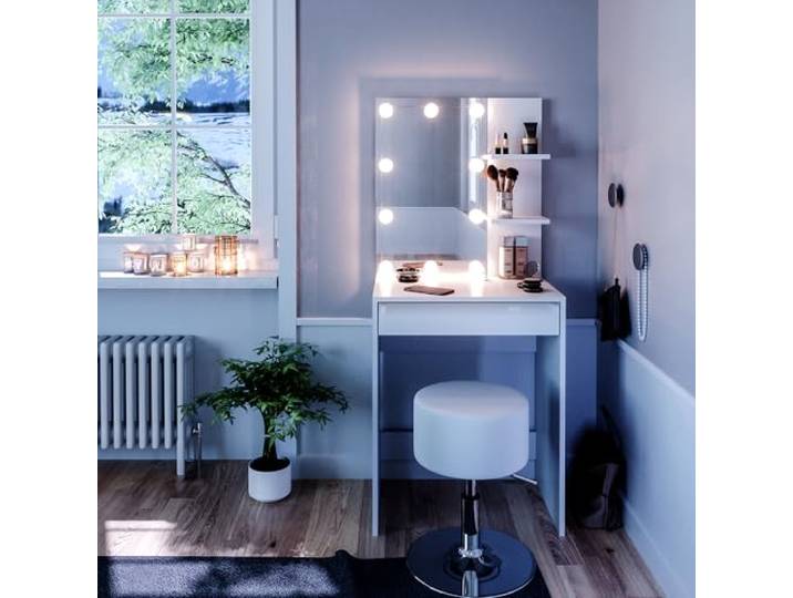 Vicco Schminktisch Isabelle, Weiß 60 cm Spiegel mit LED-Lichterkette · Hocker · 1 Schublade · Freistehend · Grifflos
