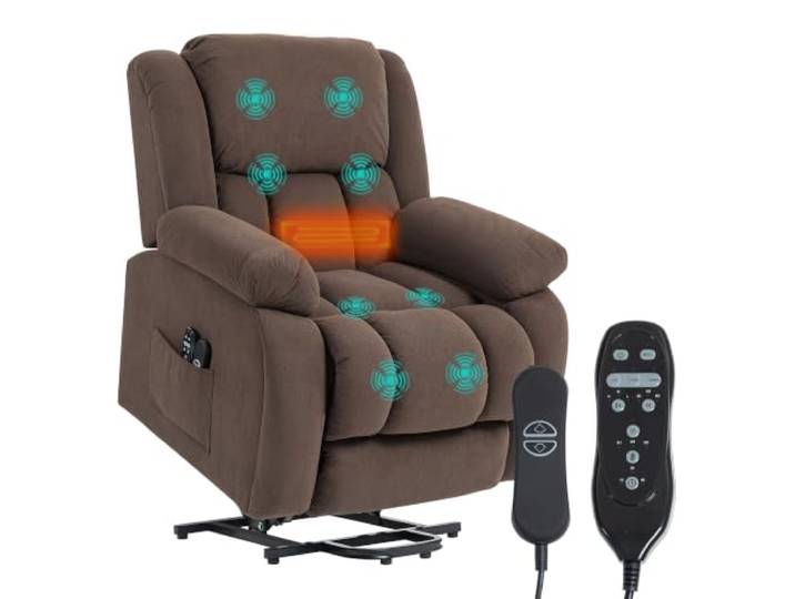 HOMCOM Fernsehsessel mit Aufstehhilfe, elektrischer Relaxsessel mit Vibrationsmassage & Wärme, Samtoptik, breiter Sitz, USB-Anschluss, Seitentaschen, Braun