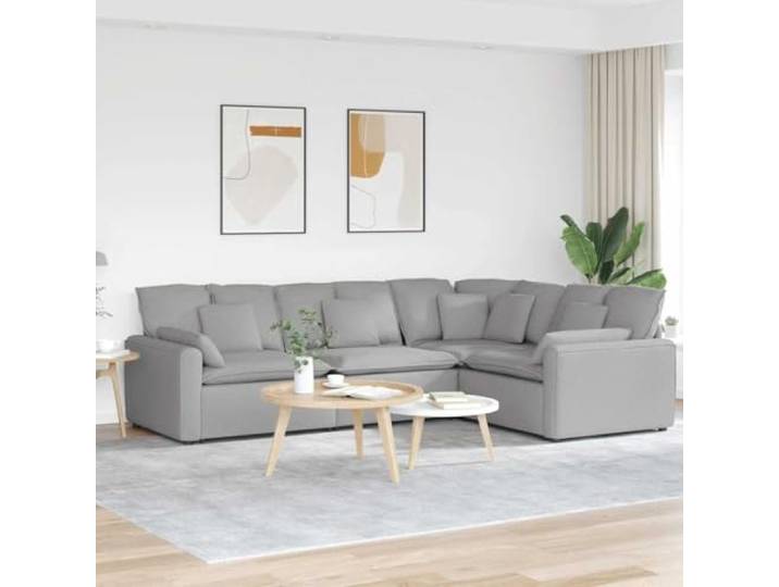 Modulares Sofa mit Kissen Stoff Wolkengrau 4 Teile Schaumstoffpolsterung, Metallrahmen, Holzarmlehnen, Textilene Sitzflaechen, flexibel kombinierbar