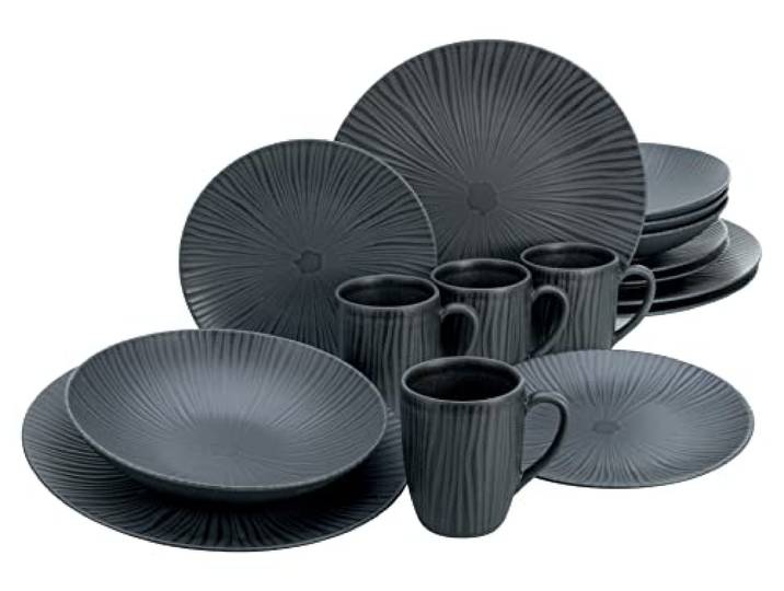 CreaTable\, 20537 Série Vesuvio Black Service de table 16 pièces en grès Passe au lave-vaisselle et au micro-ondes Fabriqué au Portugal