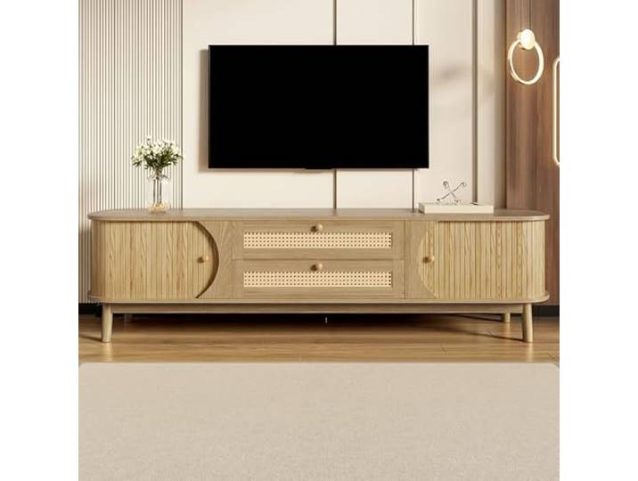 LORISMAI TV-Schrank – Natürlicher Holz-Blend TV-Schrank mit Türen und Schubladen. TV-Ständer mit Rattanseiten. Aufbewahrungslösung, Natürlicher Landhausstil
