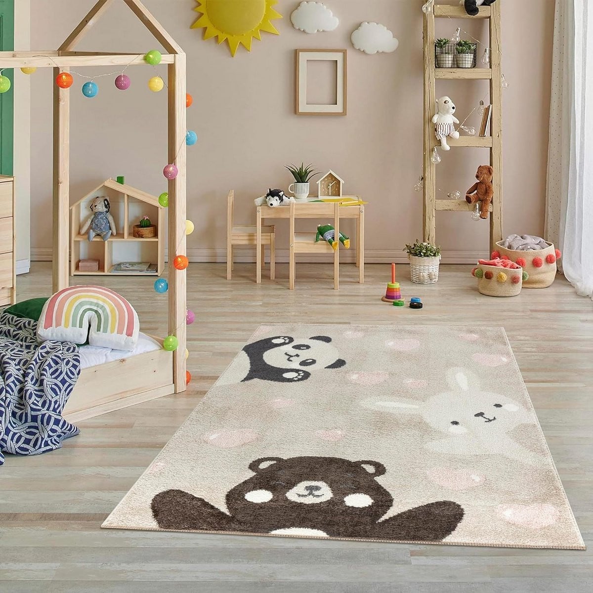 Zacht Vloerkleed Kinderkamer Beige met Dierenprint - 80 x 150 cm