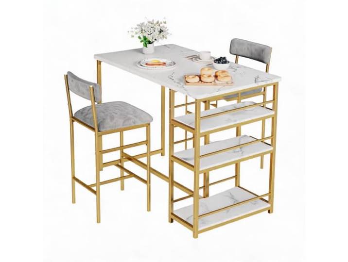 GarveeMore Bartischgruppe 3-tlg., 1 Tisch & 2 Barhocker, 3 Ablagen, Golden Thekenhöhe, gepolsterte Sitze, platzsparend, stabile Konstruktion, zusätzlicher Stauraum, für Küche & Wohnung