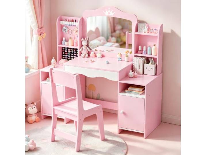 Xilingol 2 in 1 Schminktisch Kinder Set,Kinderschminktisch mit Spiegel,Frisiertisch mit Schmuckaufbewahrung, Holz Prinzessinnen Schminktisch, Ankleidetisch für Kinderzimmer,Rosa