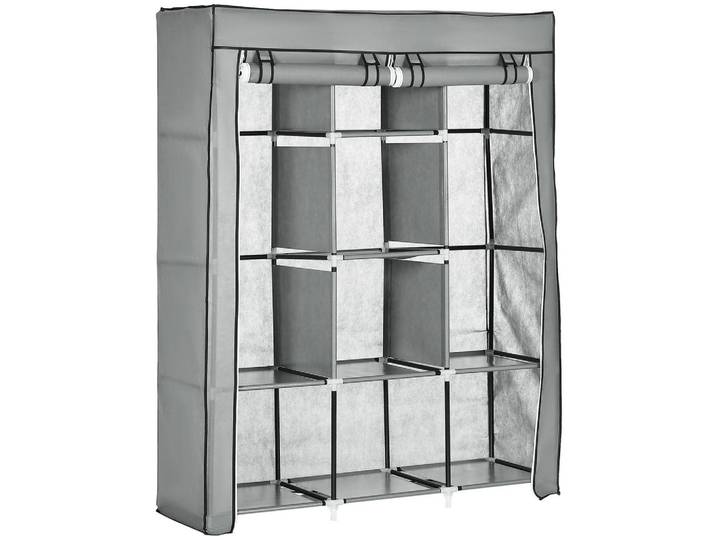 Homcom Stoffschrank, Faltschrank, Kleiderschrank mit Kleiderstangen, 8 Ebenen Hellgrau, Metall, 43x162.5x125 cm, Schlafzimmer, Kleiderschränke, Stoffschrank