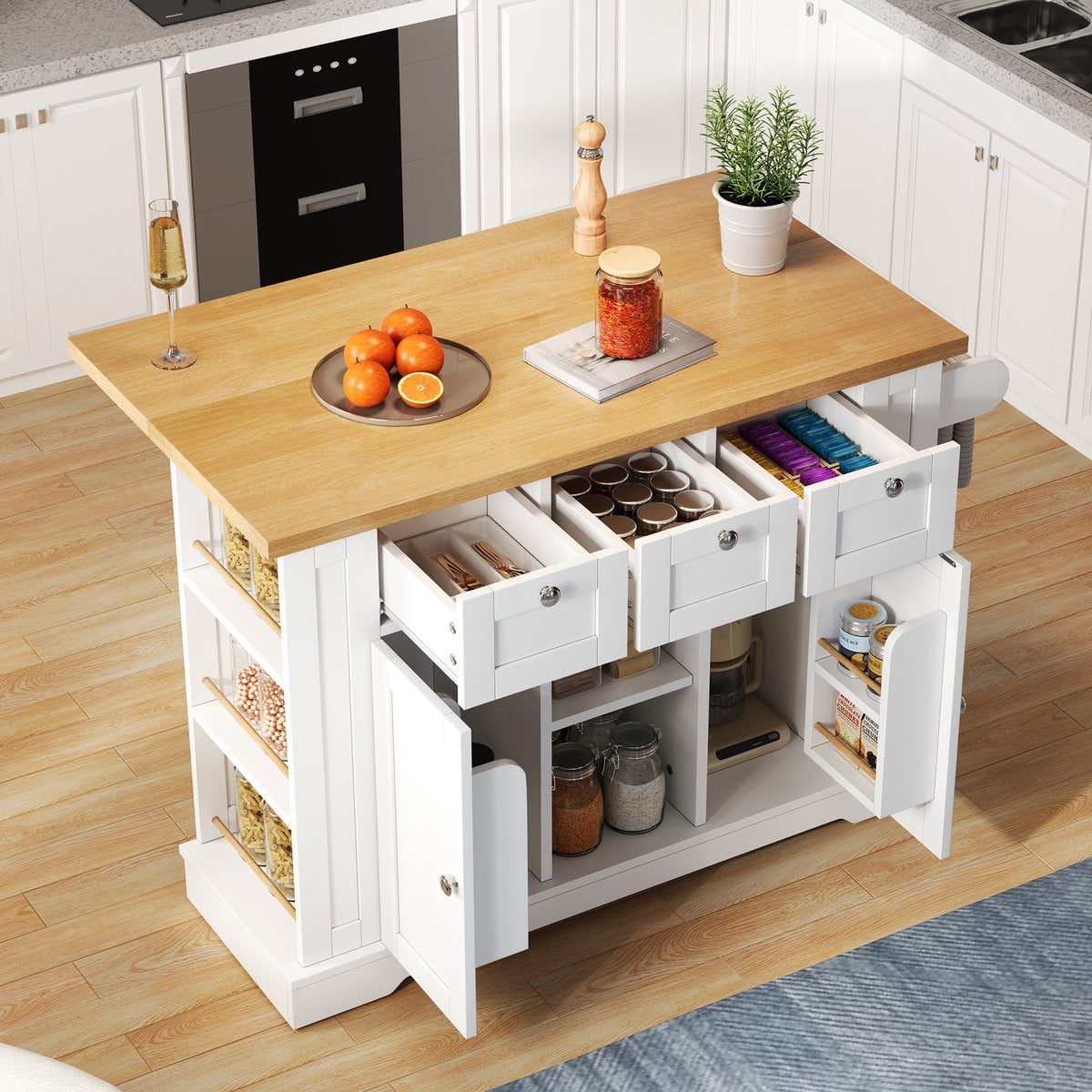 HAUSS SPOLE Mobiele Keukenwagen met Uitklapbaar Werkblad, 3 Laden en 2 Deuren, Wit/Naturel, B/D/H: 132 x 40 x 87 cm