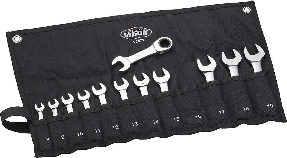 Ratschen-Ringmaulschlüsselsatz, kurze Bauform, 12-teilig, mit Rolltasche VIGOR