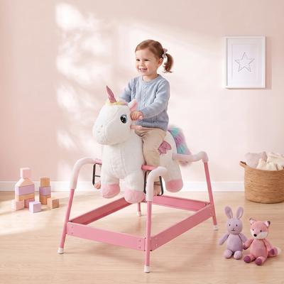 Qaba Kids Spring Rocking Horse, Unicorn Ride on Horse with Neighing Sounds, Plush Animal Ride on Toy with Covered Spring, White