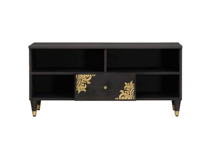 KTHLBRH TV-Schrank Schwarz 100 x 33 x 46 cm Mango Massivholz Knöpfe und Beine aus vergoldetem Messing, elegantes Design, viel Stauraum für Wohnaccessoires