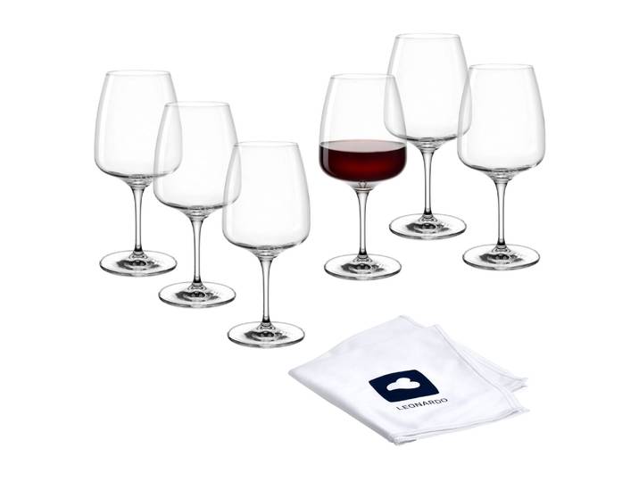 Rotweinglas LEONARDO 6 Weingläser CESTI + Poliertuch , transparent (transparent, weiß, blau), H:20cm Ø:9cm, Kristallglas, Trinkgefäße, Rotweinglas, 6 Rotwein-Gläser mit Poliertuch