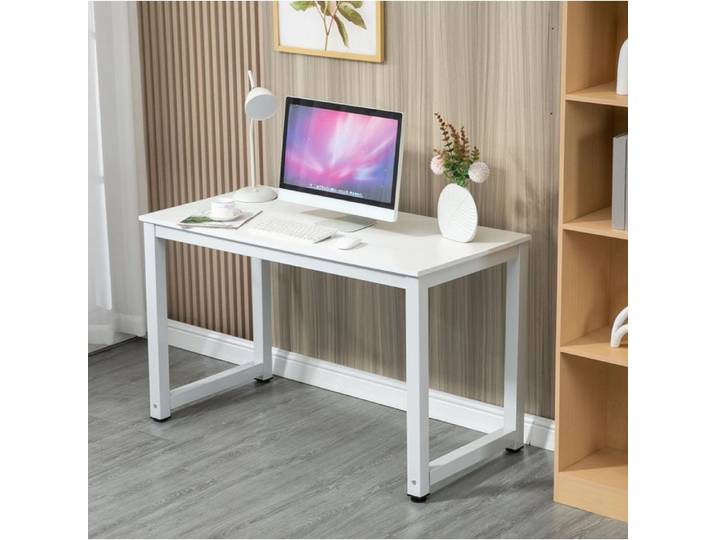 MEUVYX Bureau Informatique Droit avec Plateau en MDF et Structure Métallique pour Bureau Blanc 120 × 60 × 74 cm