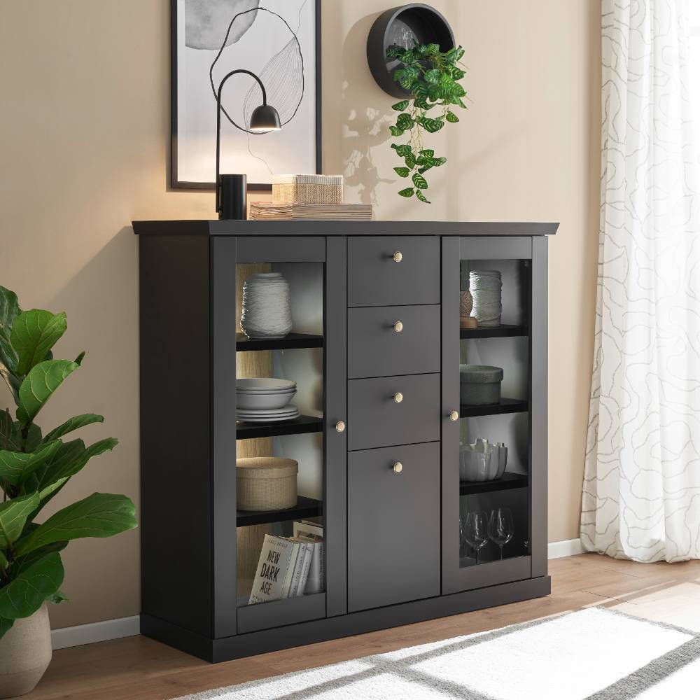 Pharao24.de Wohnzimmer Highboard Esszimmerschrank in Schwarz matt mit sechs Einlegeböden