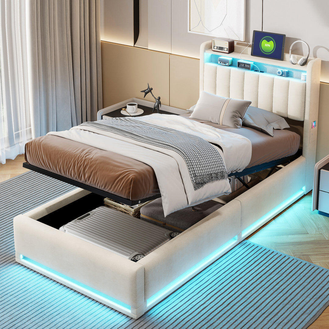 Brayden Studio Upholstered Ottoman Storage Bed with LED Lighting and USB Port, Bed with Storage and Headboard Beige Single (3')