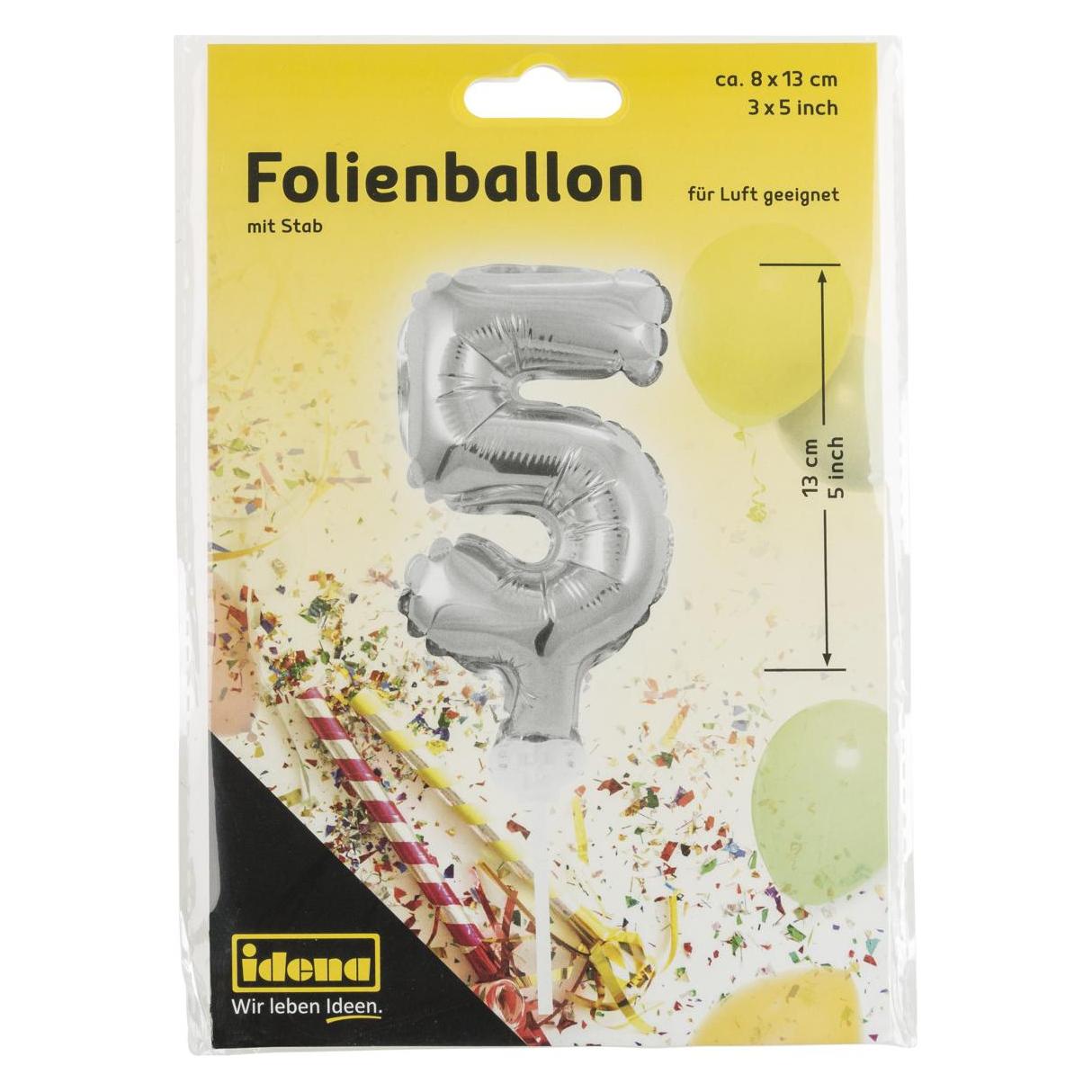 Idena Folienballon Zahl 5 am Stab 13cm silber (1x) (22658362)