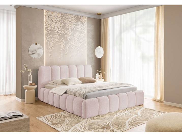 yourhouse24 Polsterbett MICANDI aus Bouclé inkl. Metallrahmen – Wolkenbett mit Bettkasten, Voluminöses Rillen-Design mit Gasdruckfedern & riesigem Stauraum