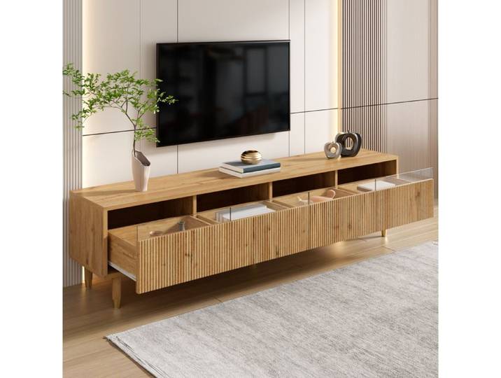 Meuble TV bas design minimaliste aspect bois 4 tiroirs passe-câbles structure MDF coloris bois 178x35x45 cm