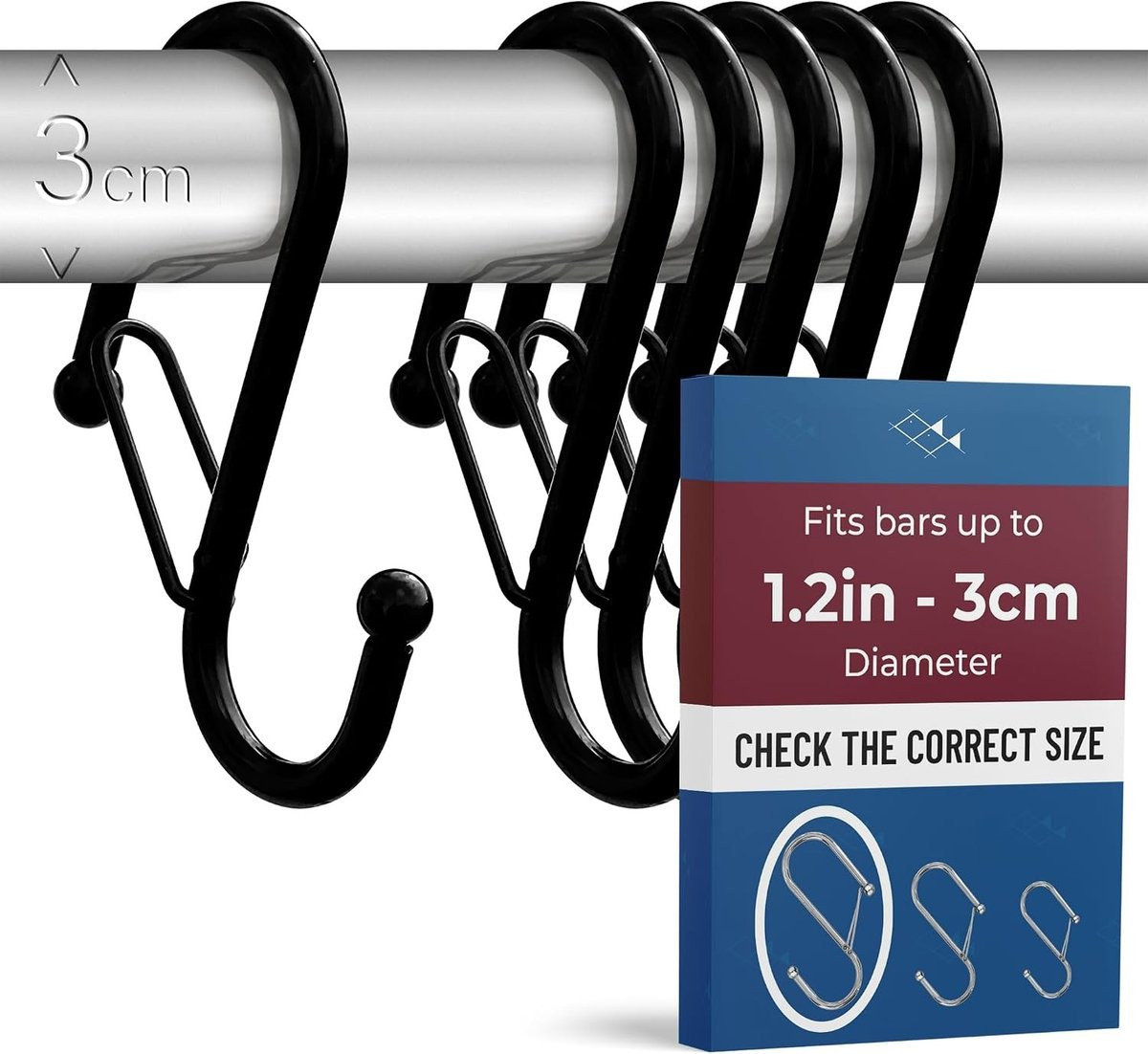 Vellaro Keukenrail met haken - Zwart - Maat L Ø 3 cm - Met metalen S-vormige ophanghaken en anti-val sluiting