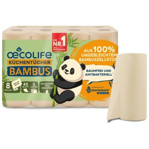 Oecolife Küchenrolle Bambus, 3-lagig, 45 Blatt je Rolle, Zellstoff aus Bambusfasern, 8 Rollen