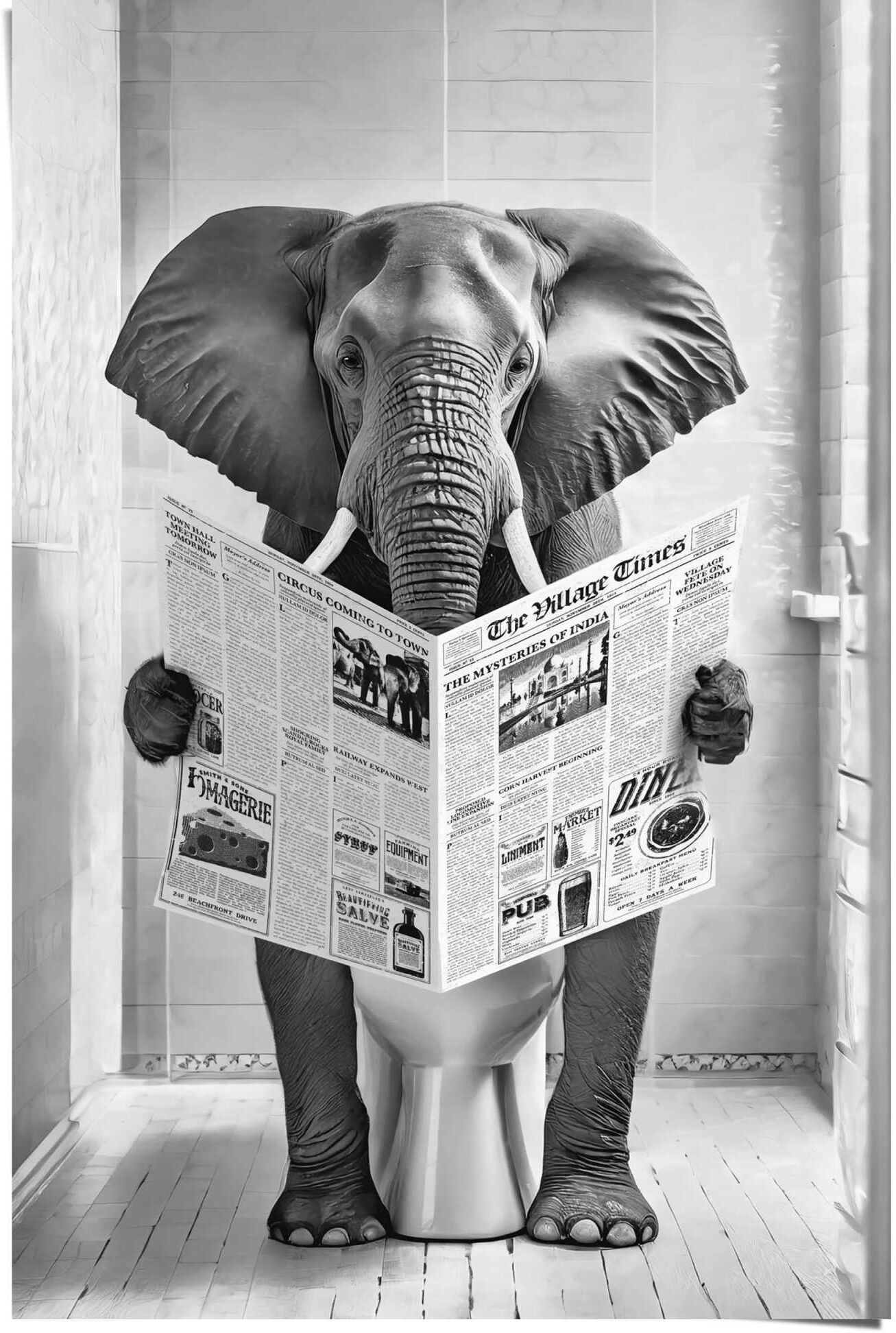 Reinders! Poster REINDERS "Elefant auf der Toilette", schwarz-weiss (farbe bild(er): schwarz, weiß), B:61cm H:91,5cm T:0,1cm, Papier, Bilder, Poster, Toilette - Schwarz-Weiss - 150 gr. Papier - Tiere - 61x91,5 cm farbe bild(er): schwarz, weiß B/H/T: 61cm 