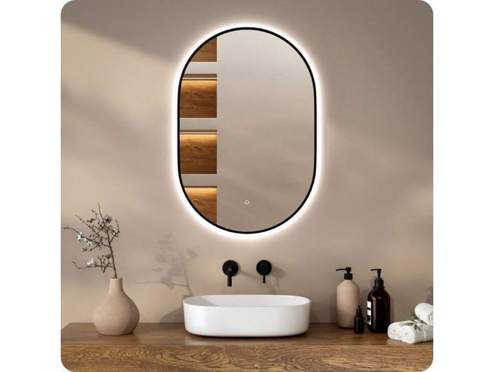 Mirlux Miroir de salle de bain Mirlux 90x60 cm - Anti-buée - avec LED - Ovale - Rétroéclairage - Cadre noir - Essentials