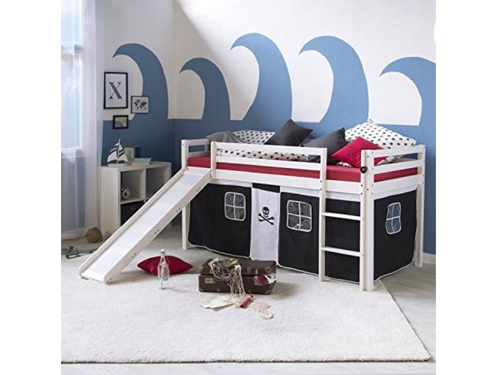 Homestyle4u Hochbett Kinder mit Rutsche 90x200 Holz Pirat Weiß Schwarz