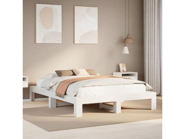 RJPLMFV Bettgestell, Weiß, 150 x 200 cm, massives Kiefernholz Lattenrost inklusive, robuste Füße, rustikales Design, für Schlafzimmer
